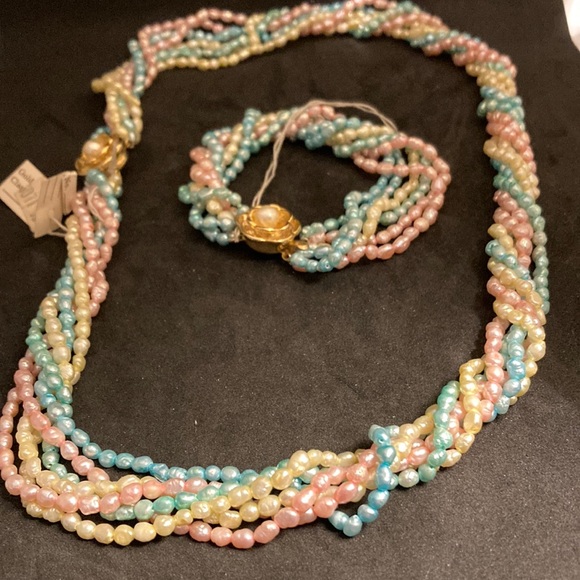 Multicolor Genuine Freshwater Rice Pearl Pink Cream Blue Necklace Bracelet Set